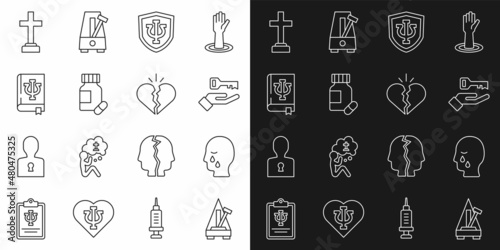 Set line Metronome with pendulum, Man graves funeral sorrow, Solution to the problem, Psychology, Psi, Sedative pills, book,, Graves and Broken heart divorce icon. Vector