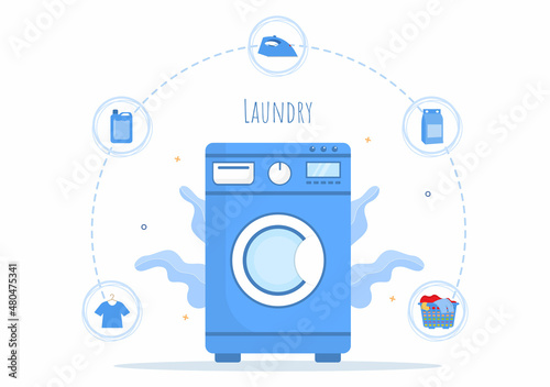 Laundry with Wash and Drying Machines in Flat Background Illustration. Dirty Cloth Lying in Basket and Women are Washing Clothes for Banner or Poster