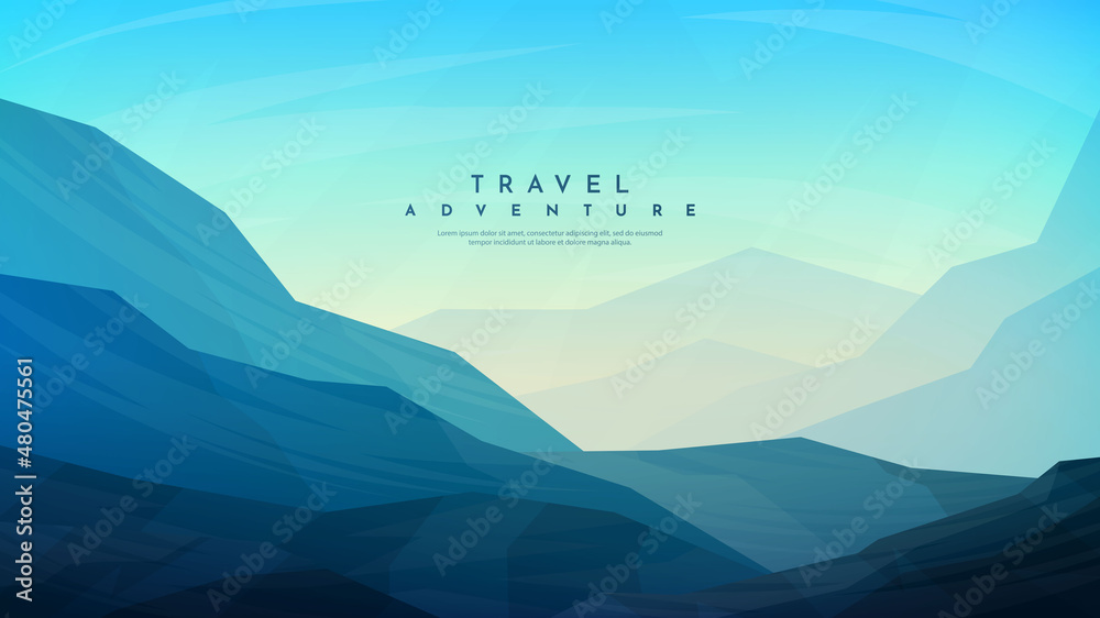 Peaceful landscape. Vector illustration. Minimalist style. Monotone blue colors. Wallpaper in the natural concept. Misty silhouettes of the mountains. Slopes, relief. Panoramic image. Himalayas