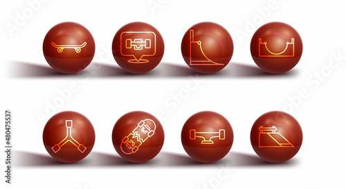 Set line Skateboard, Y-tool, park, wheel, Broken skateboard, and icon. Vector