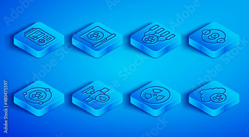 Set line Dosimeter, Nuclear laptop, Radioactive, Industry pipe and valve, Atom, and Acid rain radioactive cloud icon. Vector