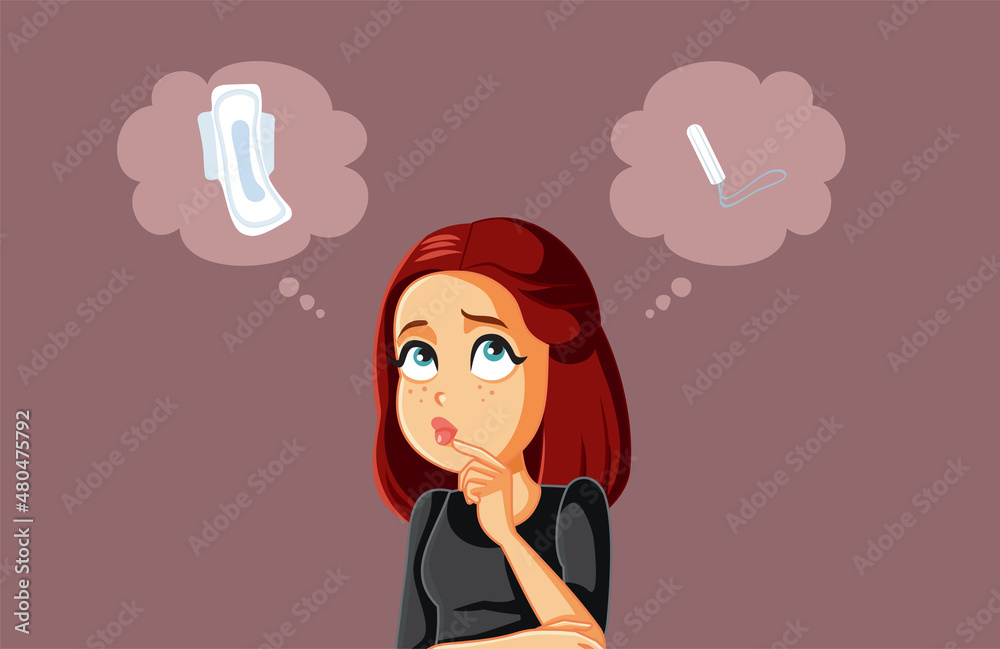 Woman Choosing Between Sanitary Pad and Tampon Vector Cartoon Woman Choosing Between Sanitary Pad and Tampon Vector Cartoon