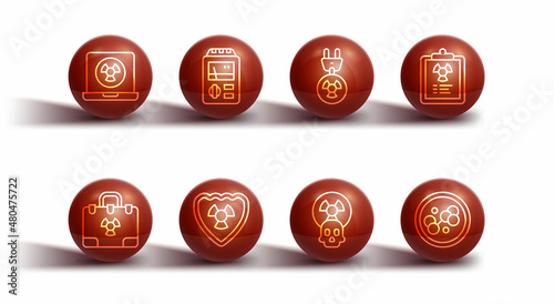 Set line Nuclear laptop, Radiation nuclear suitcase, warning document, Radioactive, shield, Dosimeter, Molecule and electrical plug icon. Vector