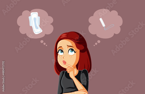 Woman Choosing Between Sanitary Pad and Tampon Vector Cartoon