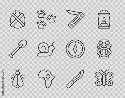 Set line Mosquito, Butterfly, Swiss army knife, Map of Africa, Canteen water bottle, Snail, Machete and Mexican mayan or aztec mask icon. Vector
