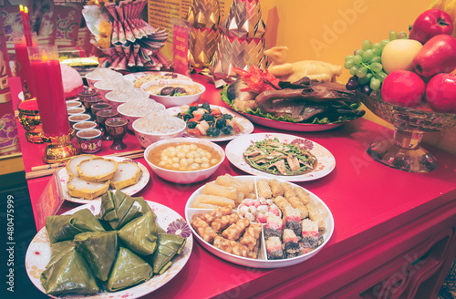 food and traditional decorations.