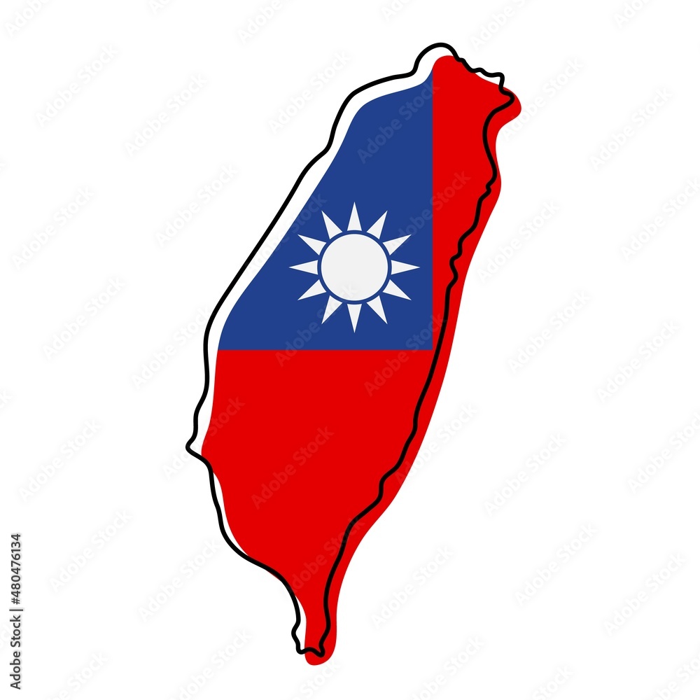 Stylized outline map of Taiwan with national flag icon. Flag color map ...