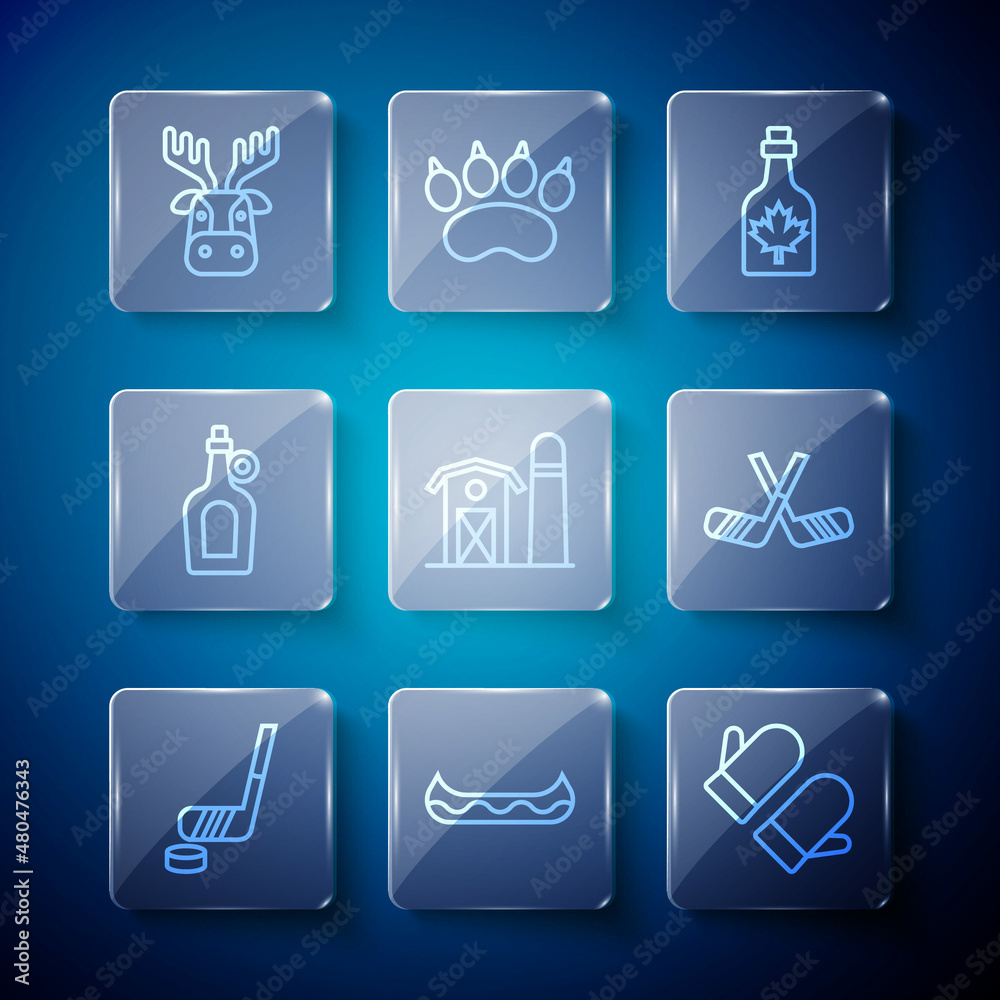 Set line Ice hockey stick and puck, Kayak, Christmas mitten, Bottle of maple syrup, Farm house, Deer head with antlers and sticks icon. Vector Set line Ice hockey stick and puck, Kayak, Christmas mitten, Bottle of maple syrup, Farm house, Deer head with antlers and sticks icon. Vector