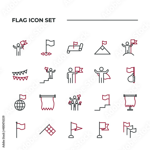 simple set of Flag vector icons with editable line styles covering Map with flag, Victory, Achievement and other. isolated on white background.