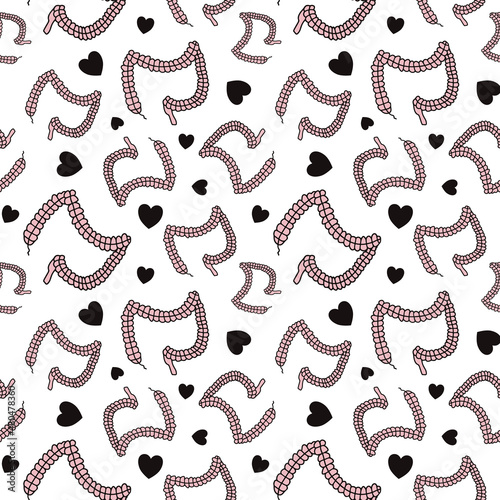 Bowel texture repeating pattern for gastroenterologist background. Fun gut shaped doodles, internal organs wallpaper