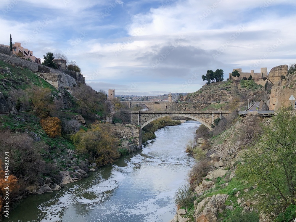 [Spain] View of Tagus River and Alcantara Bridge (The Puente de Alcantara) in Toledo