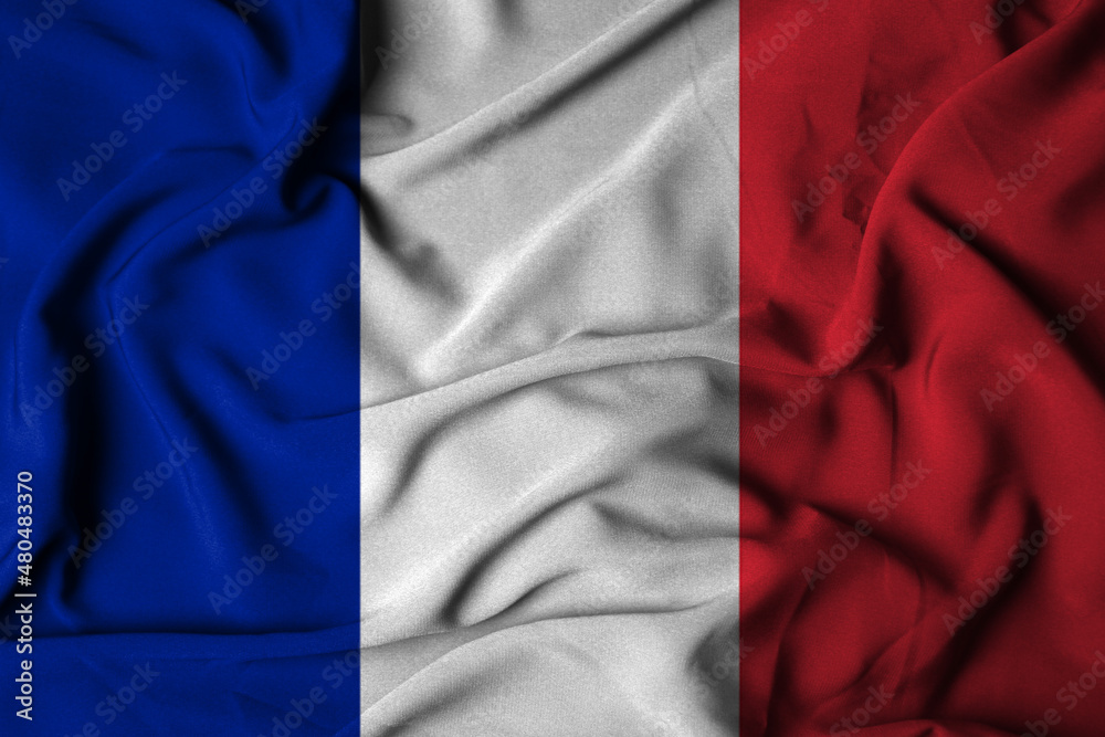 selective focus of the france flag, with waving fabric texture. 3d illustration