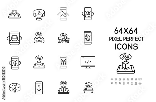 Augmented reality icons set. Uses in mobile phone and tablet for gaming, shopping and navigation. Pixel perfect, editable stroke 64x64 icons