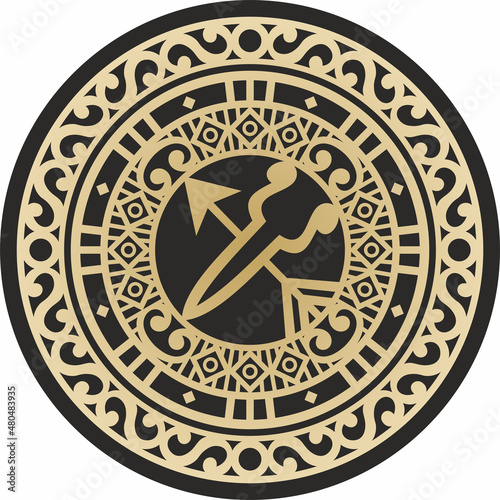 Vector golden Yakut amulet on a black background. Family protector. Ornament of the northern peoples of Russia, tundra.
