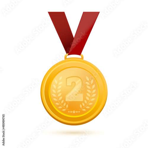 Medal for second place. Golden 2nd place badge. Gold medal with the image of the number 2 and an olive branch. Vector illustration
