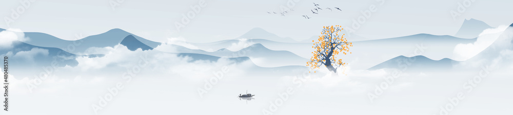 Chinese wind blue landscape painting Chinese wind blue landscape painting