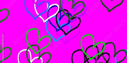 Light Pink, Green vector background with hearts.