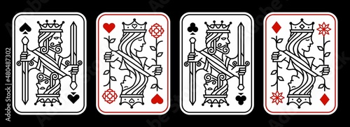 King and queen playing card vector illustration set of hearts, Spade, Diamond and Club, Royal cards design collection