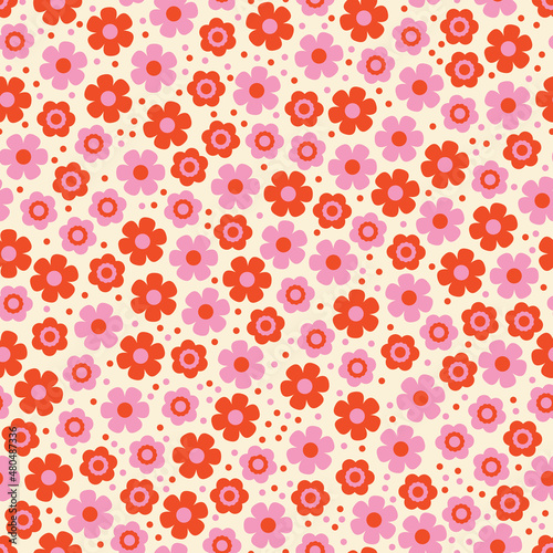 Pink and red little floral seamless vector pattern. Cute retro, modern flowers with polka dots. Fun, happy, small scale, vintage decorative print. Repeat background and backdrop wallpaper design. 