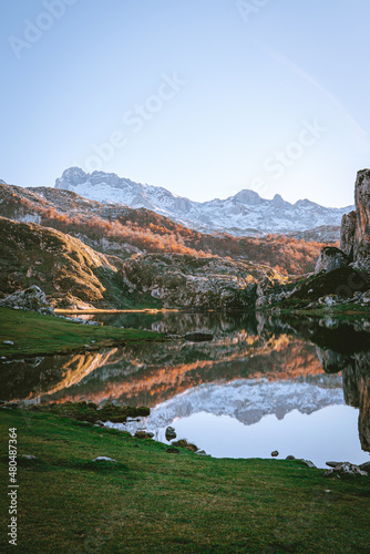 Beautiful landscape Cangas de Onis. Scenic view of La Ercina lake (Lago la Ercina), Spain. Landscape in the mountains of the National Park with the name Picos de Europa photo