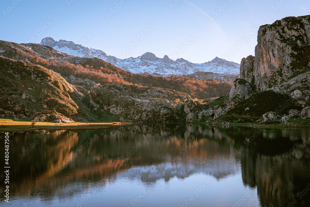 Beautiful landscape Cangas de Onis. Scenic view of La Ercina lake (Lago la Ercina), Spain. Landscape in the mountains of the National Park with the name Picos de Europa