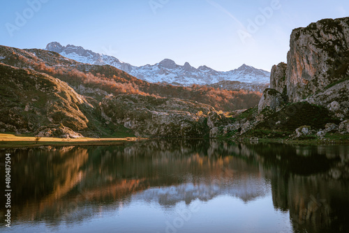 Beautiful landscape Cangas de Onis. Scenic view of La Ercina lake (Lago la Ercina), Spain. Landscape in the mountains of the National Park with the name Picos de Europa