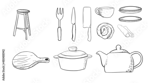 Set of breakfast food and kitchen Scribble