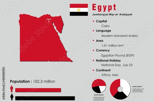 Egypt infographic vector illustration complemented with accurate statistical data. Egypt country information map board and Egypt flat flag