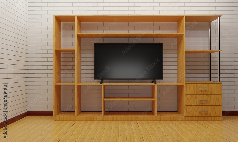 lcd tv on wooden showcase and cabinet in the livingroom.3d rendering. lcd tv on wooden showcase and cabinet in the livingroom.3d rendering.