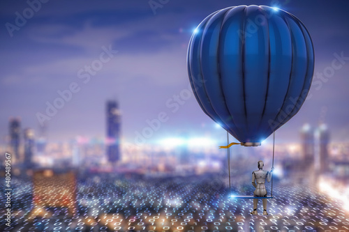 Obraz na plátně Robot on hot air balloon with swing fly in city