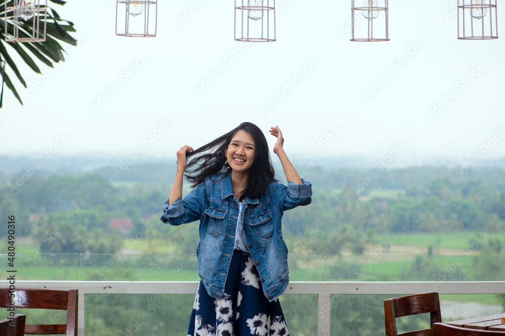 Happy Black Hair Woman Standing, Landscape View Outdoor