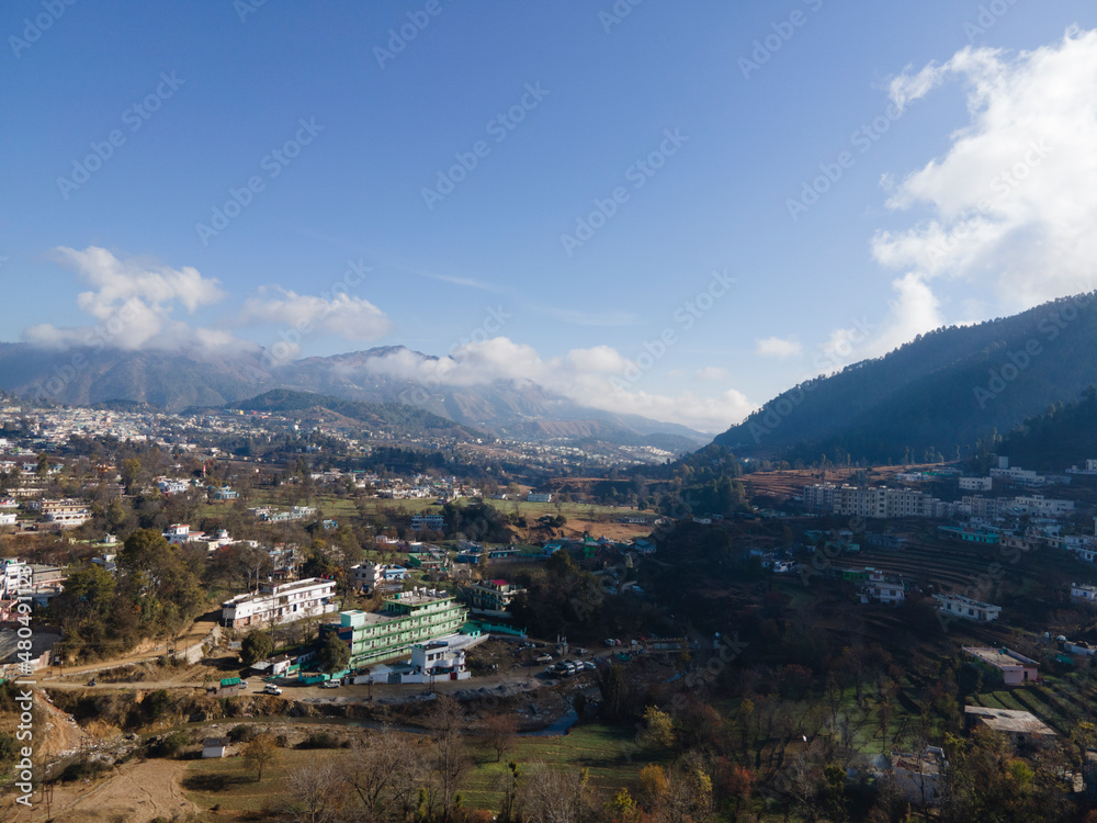 Aerial view of Pithoragarh city in uttarakhand.
