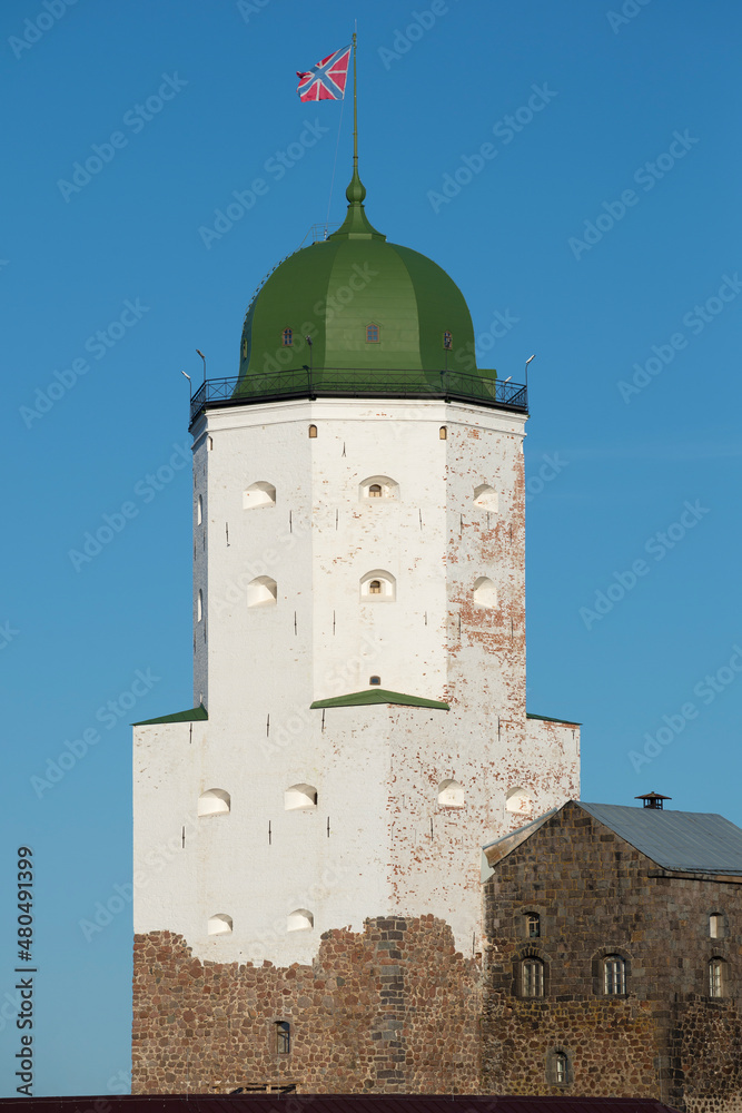 Old St. Olaf tower close-up on a sunny day. Vyborg castle. Leningrad region, Russia