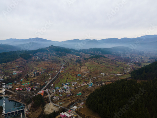 Aerial view of Baijnath City. Drone shot of Bageshwar district. A city situated in between the mountains