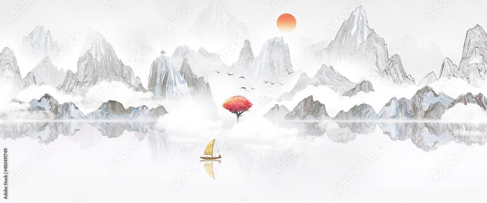 Hand drawn background of Chinese style ink landscape painting - obrazy, fototapety, plakaty 