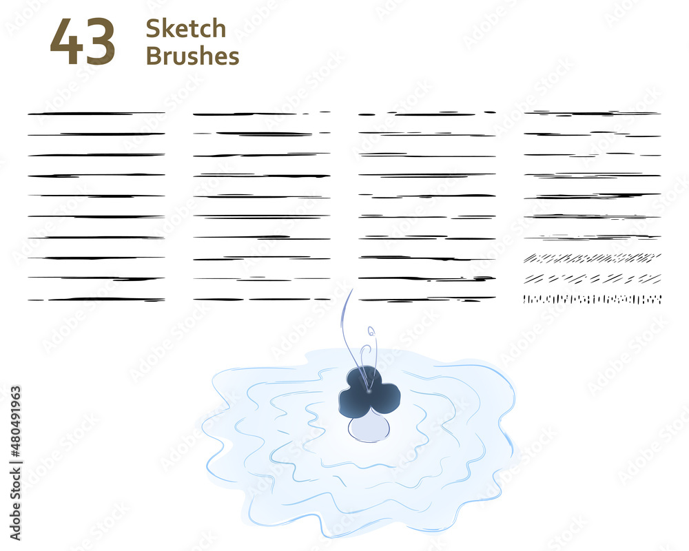 Set of 43 unique sketch art brushes for illustrator, drawing, anime, manga, story book, water effect, lino cut, sumi-e. Created using AI CS6.