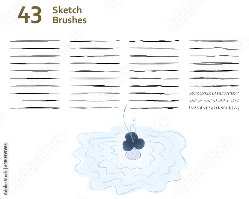 Set of 43 unique sketch art brushes for illustrator, drawing, anime, manga, story book, water effect, lino cut, sumi-e. Created using AI CS6.