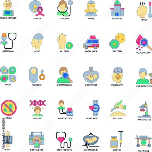 Medical combination color flat vector icon collection set