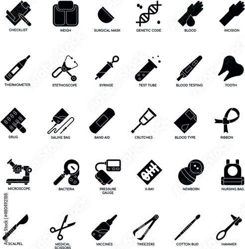 Medical related black and white flat vector icon collection set