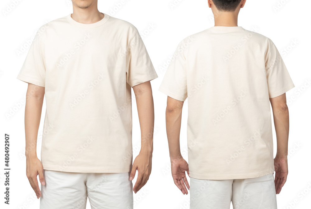 Young man in blank beige t-shirt mockup front and back used as design  template, isolated on white background with clipping path. foto de Stock |  Adobe Stock