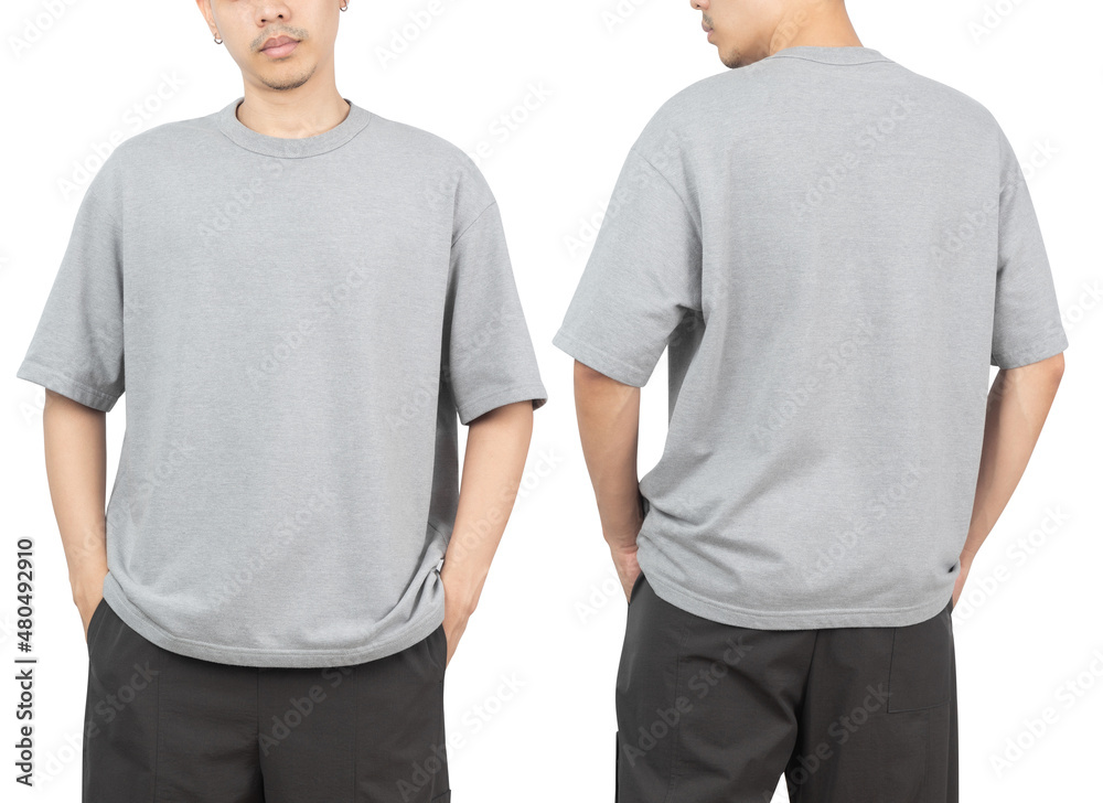 Young man in grey oversize t-shirt mockup front and back used as design ...