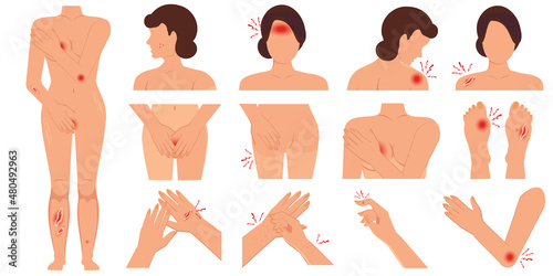 Pain in the body women parts physical injury flat set caused by illness or injury isolated on white background.