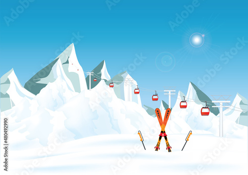Winter mountain landscape with pair of skis.