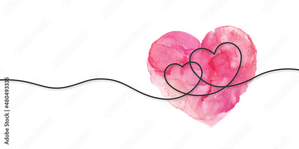 Continuous line drawing of love sign with two hearts embrace with pink ...