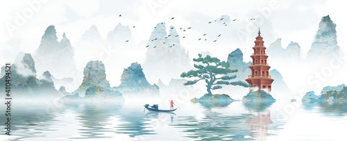 Chinese style artistic conception ink landscape painting