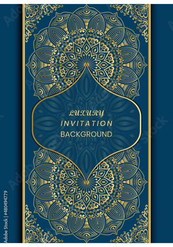 Gold vintage greeting card on a blue background. Decorative ancient Mandala background. Design for invitation wedding card, invite, backdrop cover, flyer, menu, brochure, postcard, background.