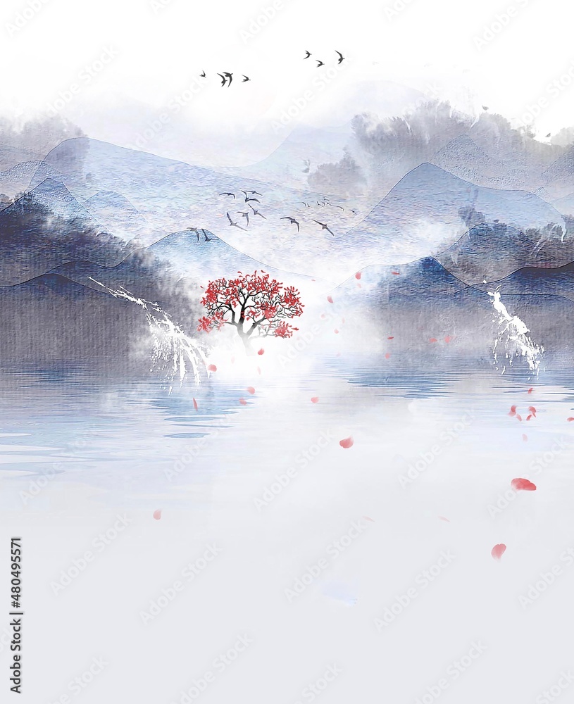 Blue Chinese style simple landscape background - obrazy, fototapety, plakaty 