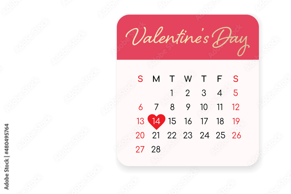 Valentines day calendar with heart shape on 14th February 2022 in pastel color soft pink and red isolated on white background. Valentines day calendar with heart shape on 14th February 2022 in pastel color soft pink and red isolated on white background.