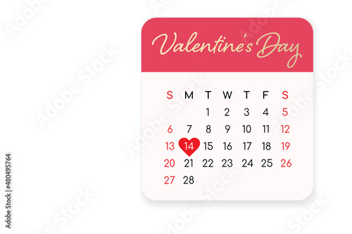 Valentines day calendar with heart shape on 14th February 2022 in pastel color soft pink and red isolated on white background.
