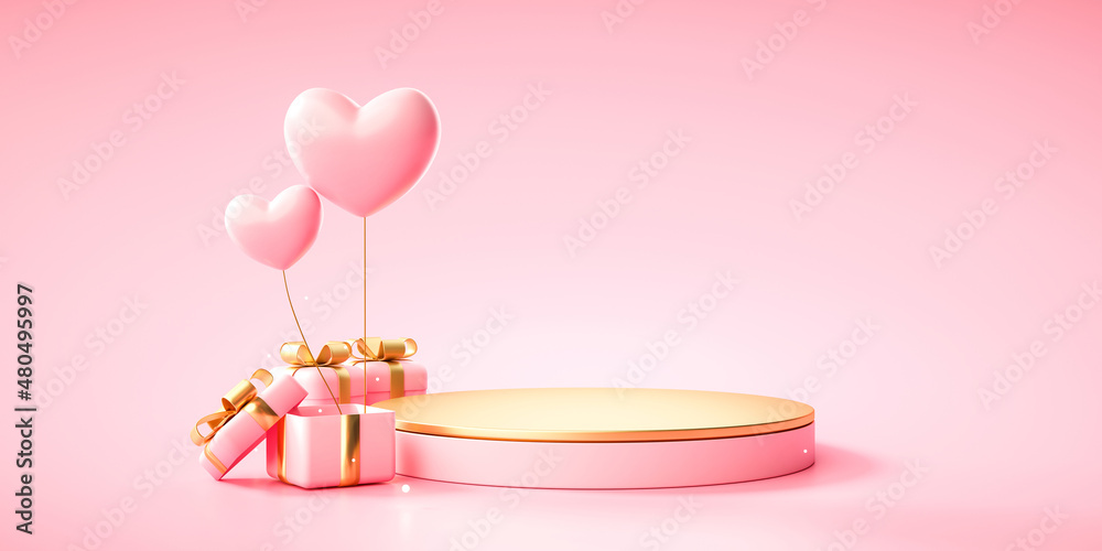 Fototapeta premium Pink podium pedestal product stand with gift box with gold ribbon and heart balloon surprise valentines or birthday mother day wedding on pastel pink background